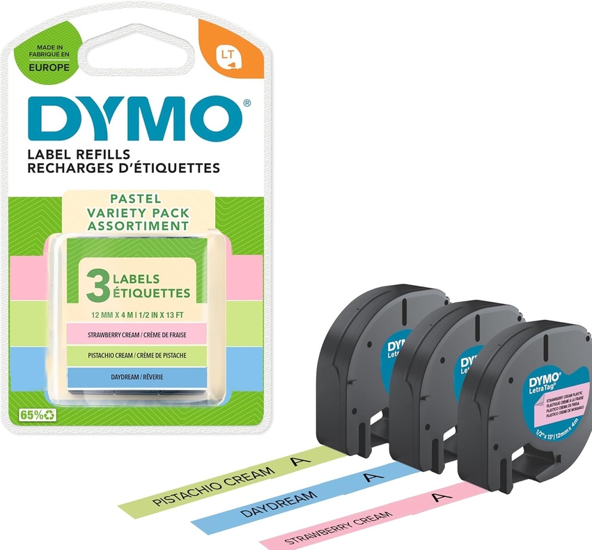 PACK 3 CINTA DYMO LETRATAG PLASTICO COLORES PASTEL 12MMX4M