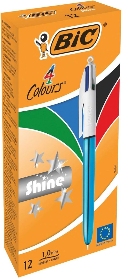 C/12 BOLIGRAFOS BIC 4 COLORES SHINE AZUL PUNTA 1MM