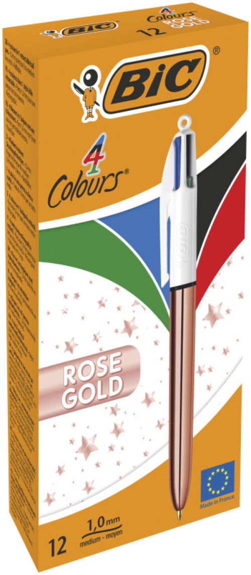C/12 BOLIGRAFOS BIC 4 COLORES SHINE ROSE GOLD PUNTA 1MM
