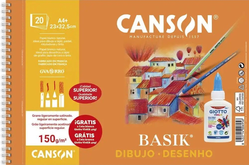 BLOC DIBUJO BASIK A4+ 20H 150G. LISO + COLA GIOTTO REGALO