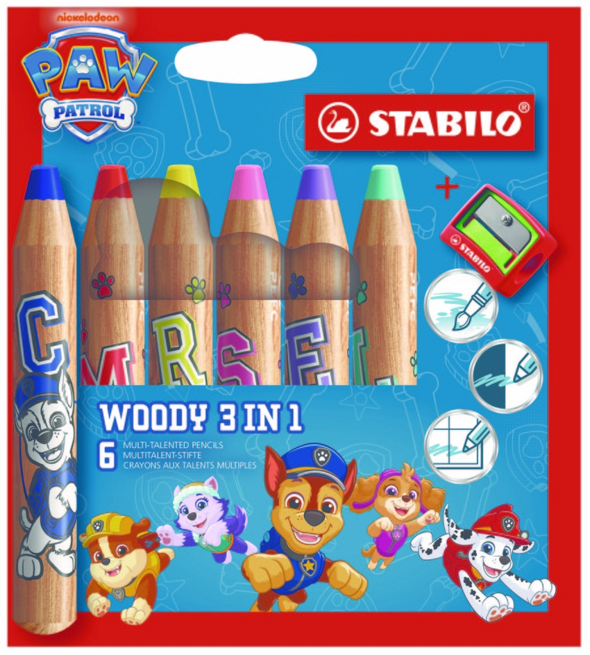 ESTUCHE 6 LAPICES DE COLORES STABILO WOODY 3 EN 1 PAW PATRO
