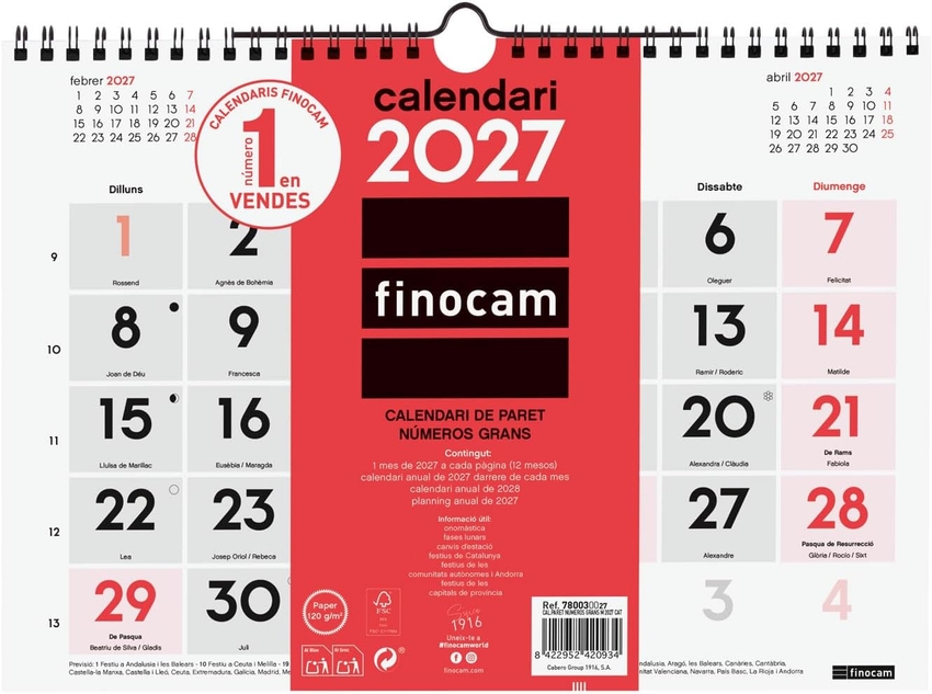 (CAT) CALENDARIOS PARED NUMEROS GRANDES M 2027 300X210MM