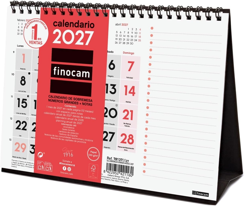 CALENDARIO SOBREMESA NUMEROS GRANDES+NOTAS 2027 210X150MM