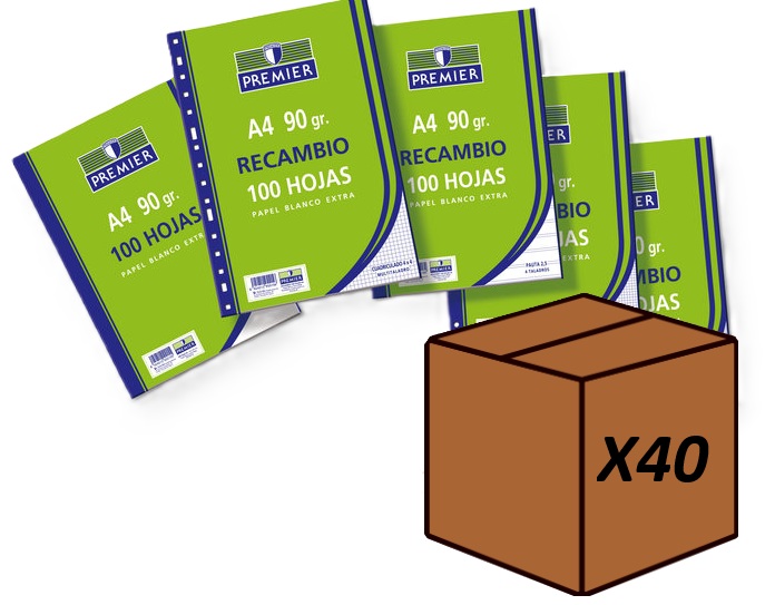 (PACK 40U) RECAMBIO A4 100H 4 TALADROS 90G CUAD.4X4 C/M PRE