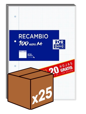 C/25 RECAMBIO A4 100H 4 TALADROS 90G. CUAD.4X4 C/M OXFORD