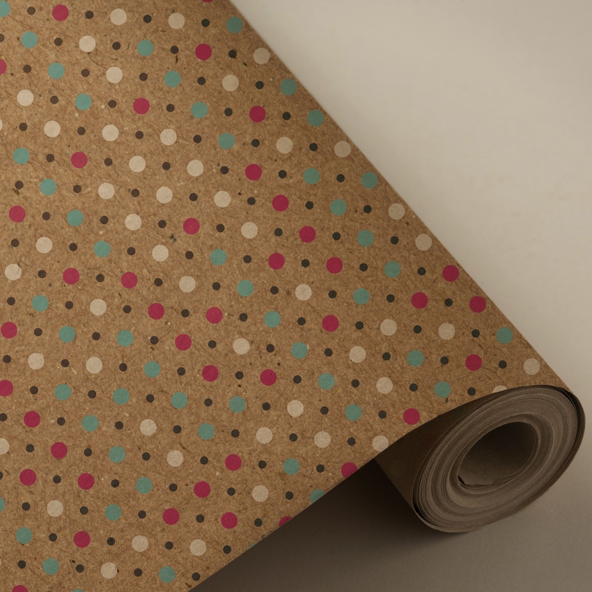 BOBINA PAPEL REGALO PUNTITOS COLORES RECICLADO 62CMX4KG