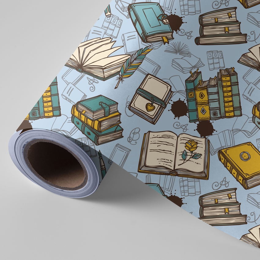BOBINA PAPEL REGALO LIBROS AZUL 31CMX2KG