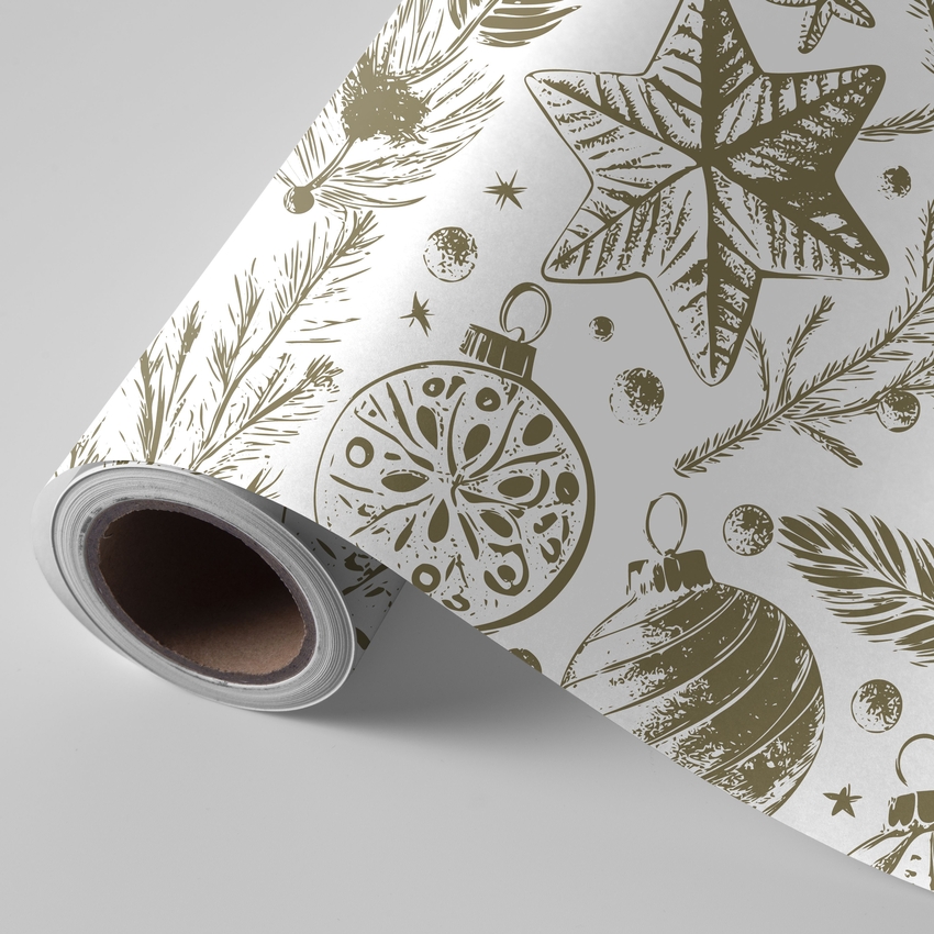 BOBINA PAPEL REGALO NAVIDAD ADORNOS BLANCO 62CMX4KG