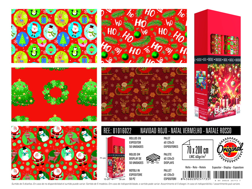 EXP 50 ROLLOS PAPEL REGALO NAVIDAD ROJO 70X200CM