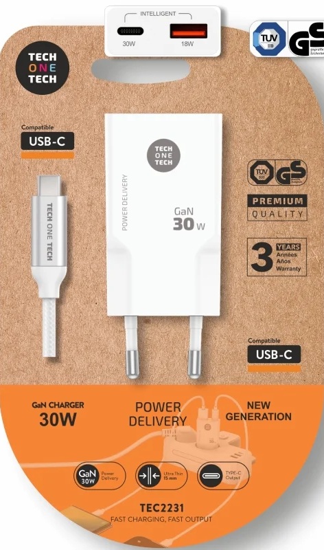 CARGADOR GAN ULTRARRAPIDO 30W USB-C+ USB-A COLOR BLANCO