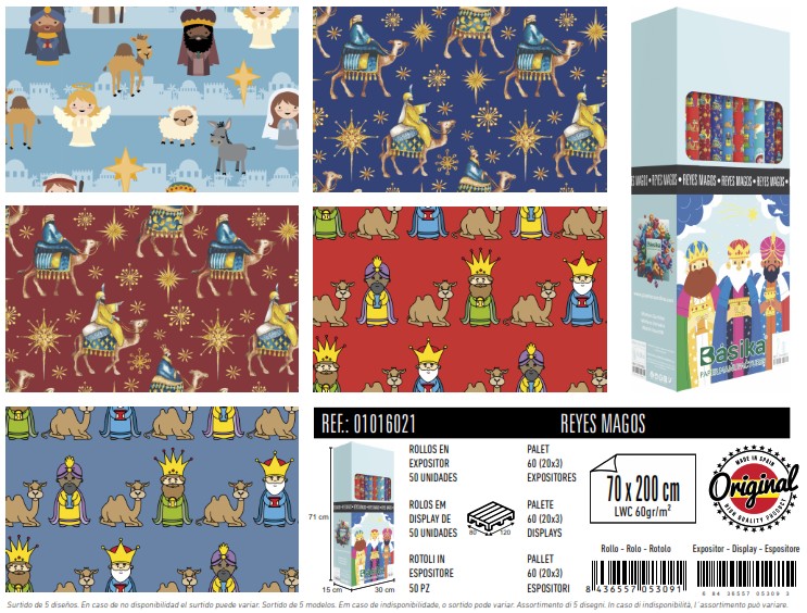 EXP 50 ROLLOS PAPEL REGALO NAVIDAD 70X200CM REYES MAGOS